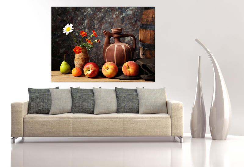 15x11 Digital Printed Canvas Folk Still Life To Your Wall, Fruits, Flowers And Jug, Rustic Still Life Photo (size: 15x11 Inch Plus Border).
